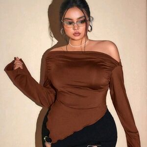 Shein Curve Brown Asymmetrical Off-Shoulder Top | 4X | New